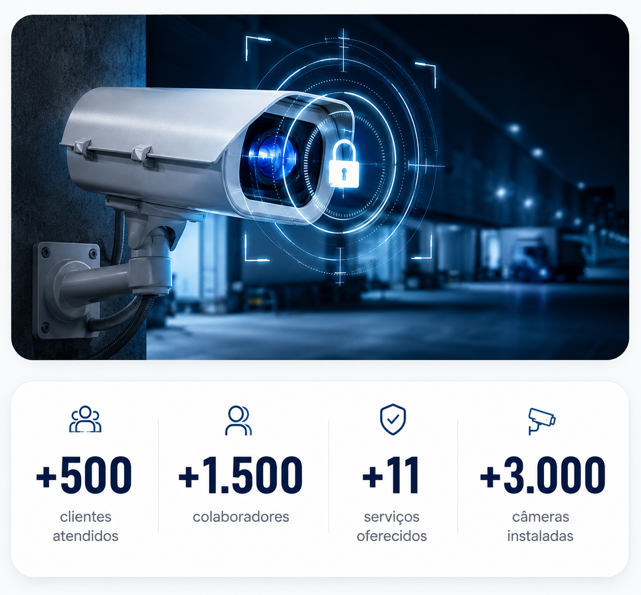 Câmera de segurança com interface de monitoramento digital e cadeado de proteção, representando vigilância eletrônica inteligente