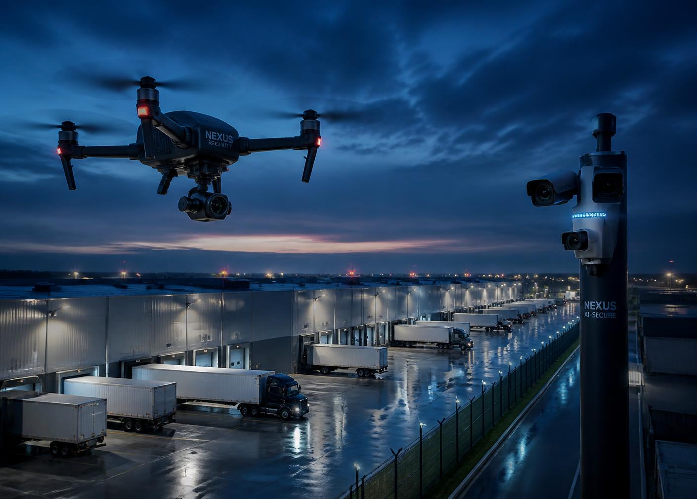 Drone de segurança sobrevoando o perímetro de um centro logístico com câmeras inteligentes